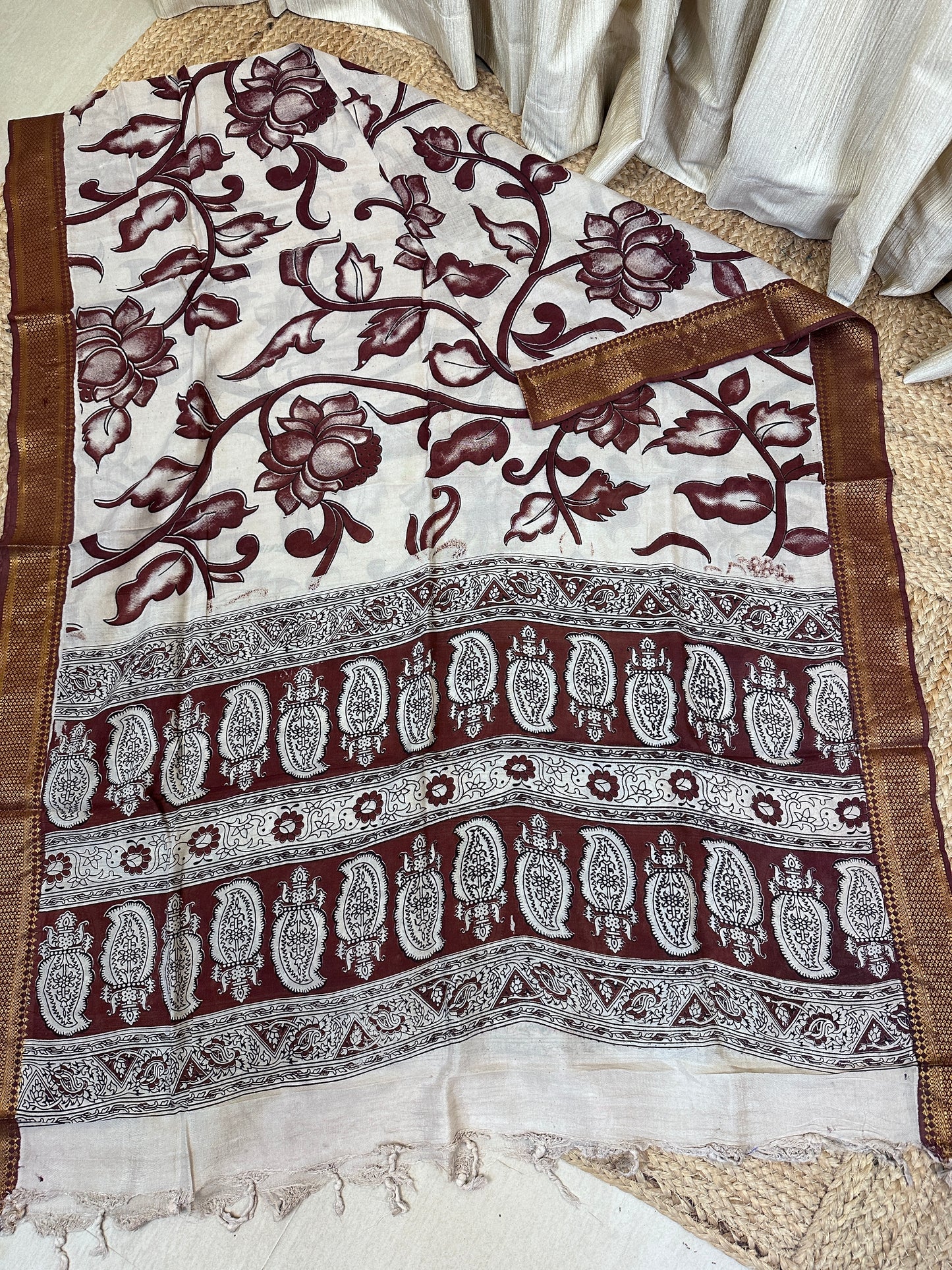 Chennuri silk Kalamkari duppata Floral-Coffee brown