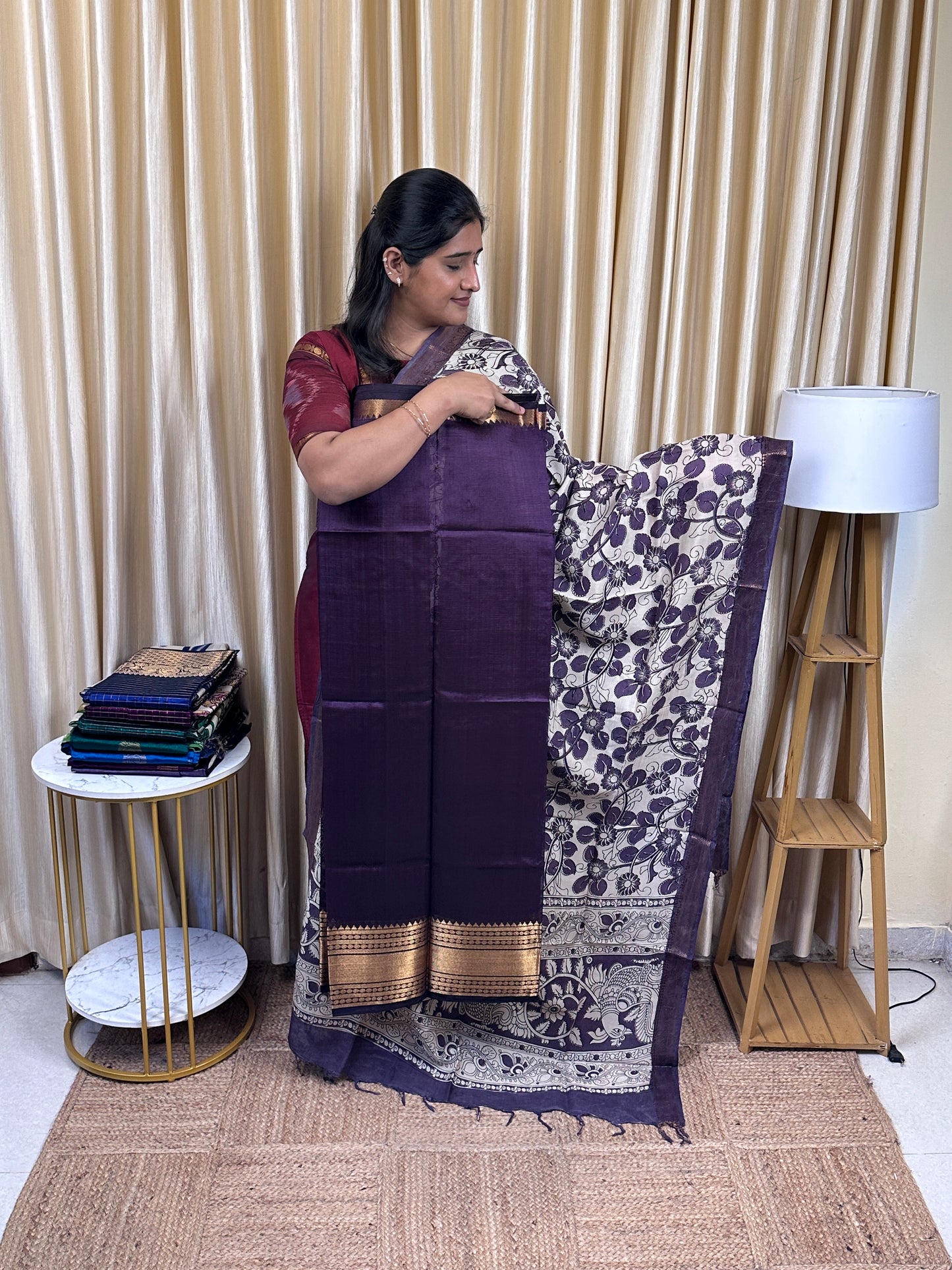 Handloom Mangalgiri Top kalamkari Duppatta-Melted wine
