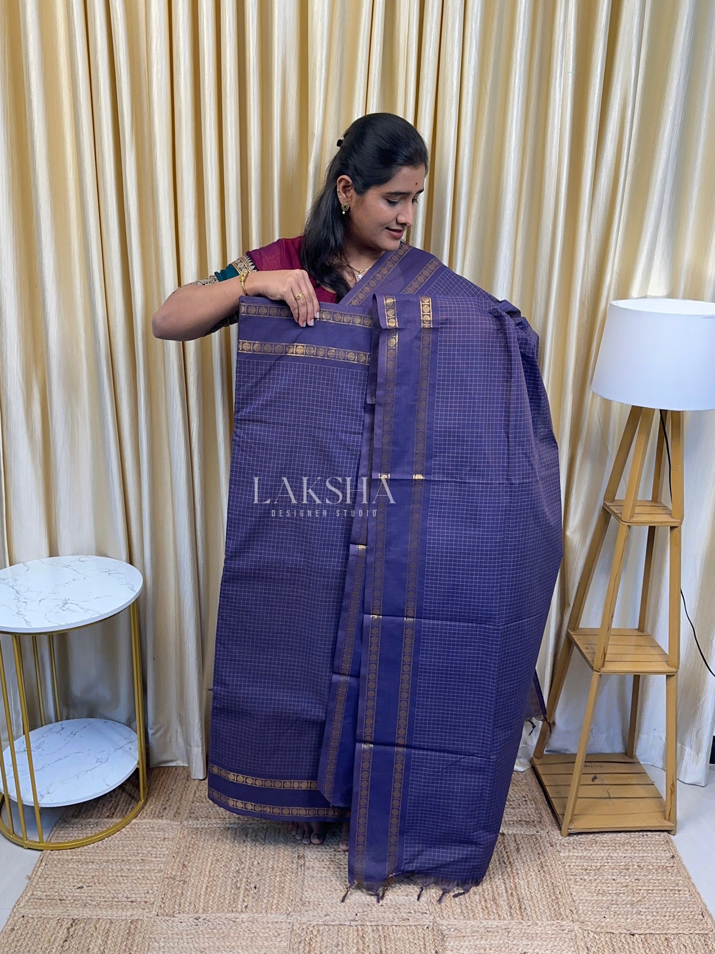 Dusty Vintage Blue Checks Chettinad Cotton