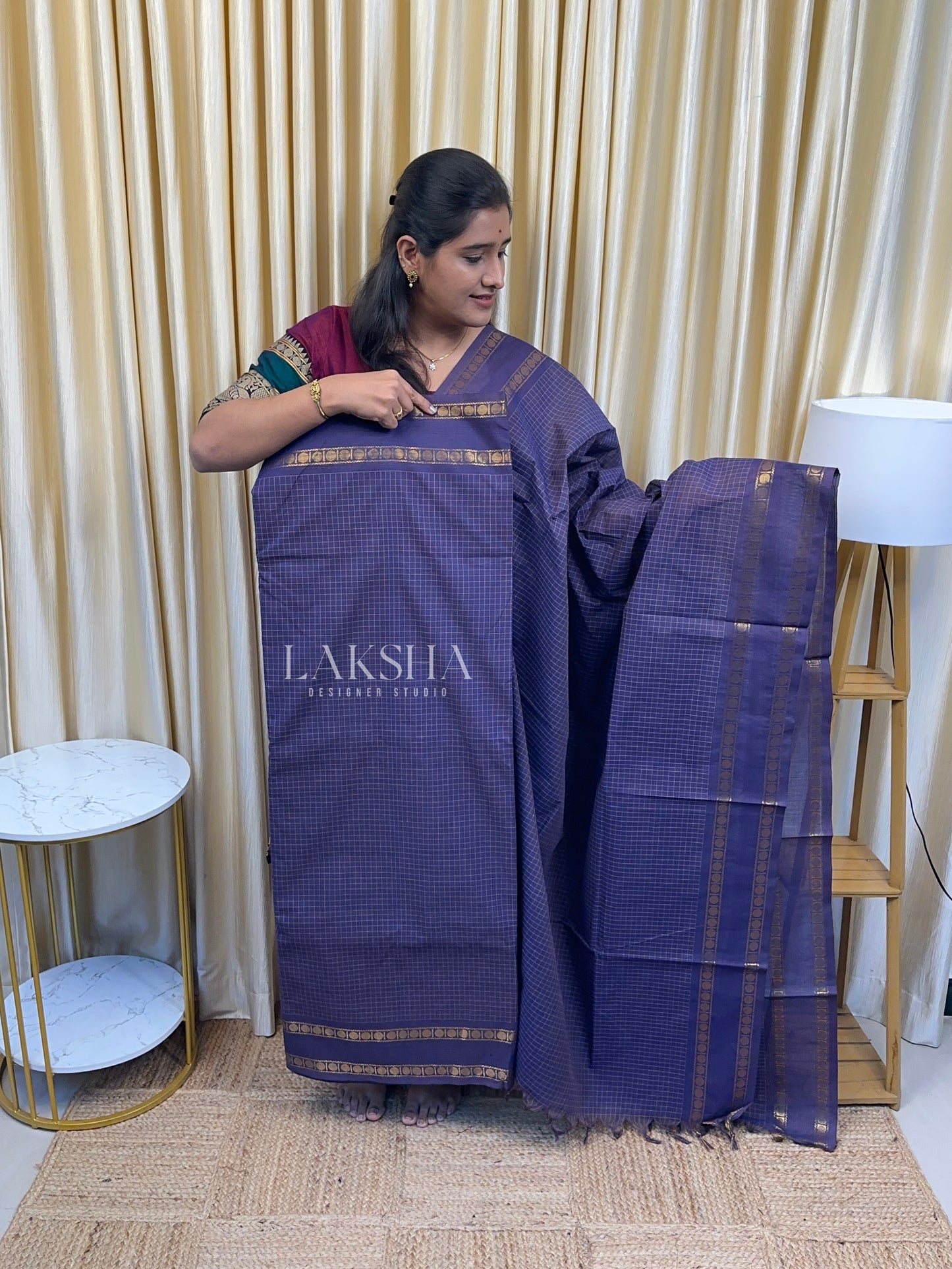 Dusty Vintage Blue Checks Chettinad Cotton