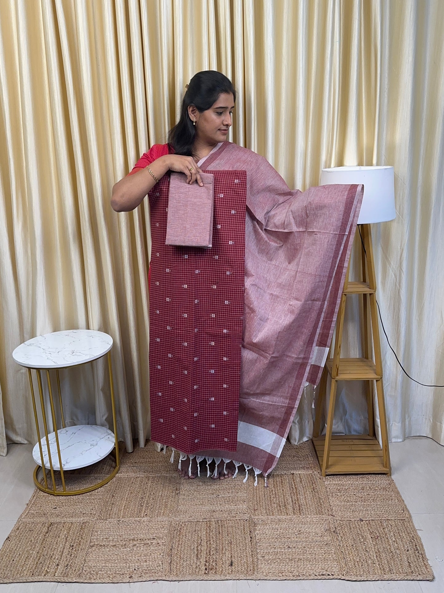 Maroon mauve checks handloom cotton 3 piece set