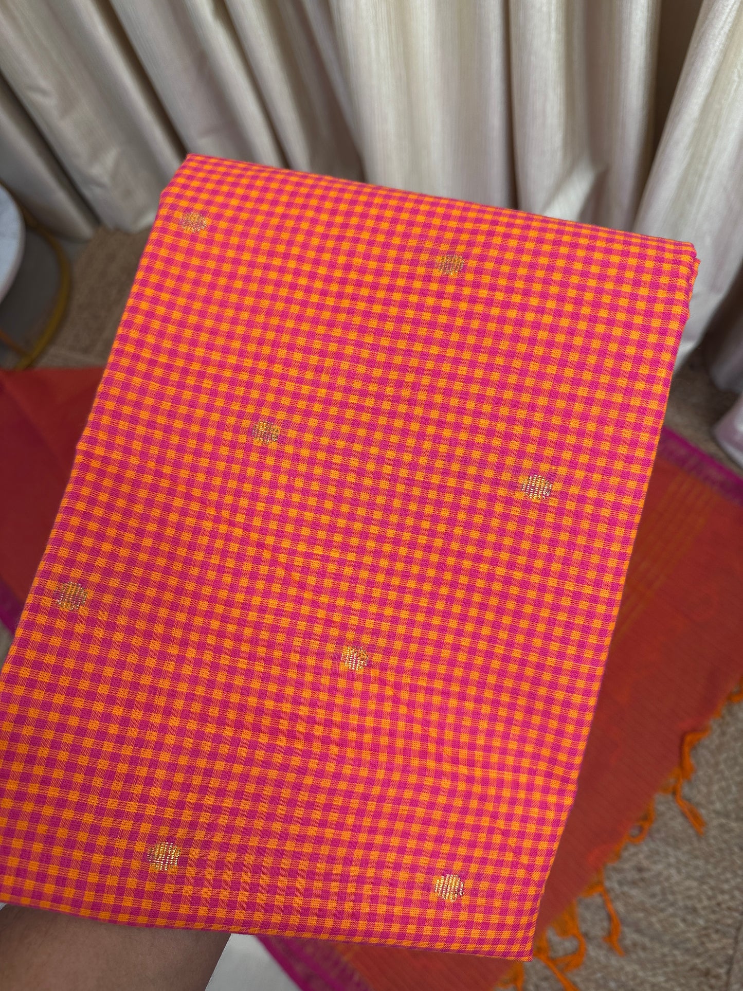 Kandangi check -South cotton 3 piece set- orangish pink