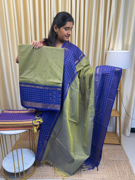 Dual green with blue Chettinad checked border