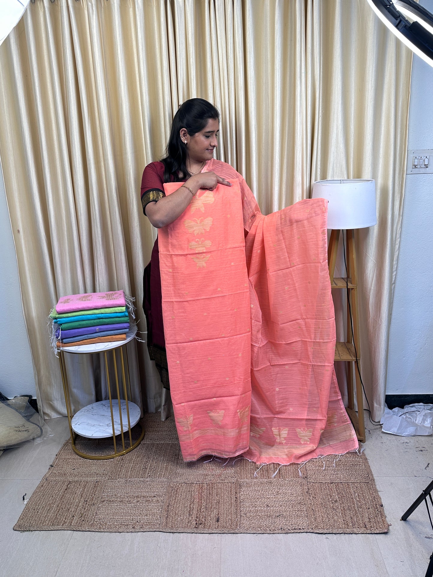 Kadhi cotton 2 piece dress material (Butterfly)- Peach