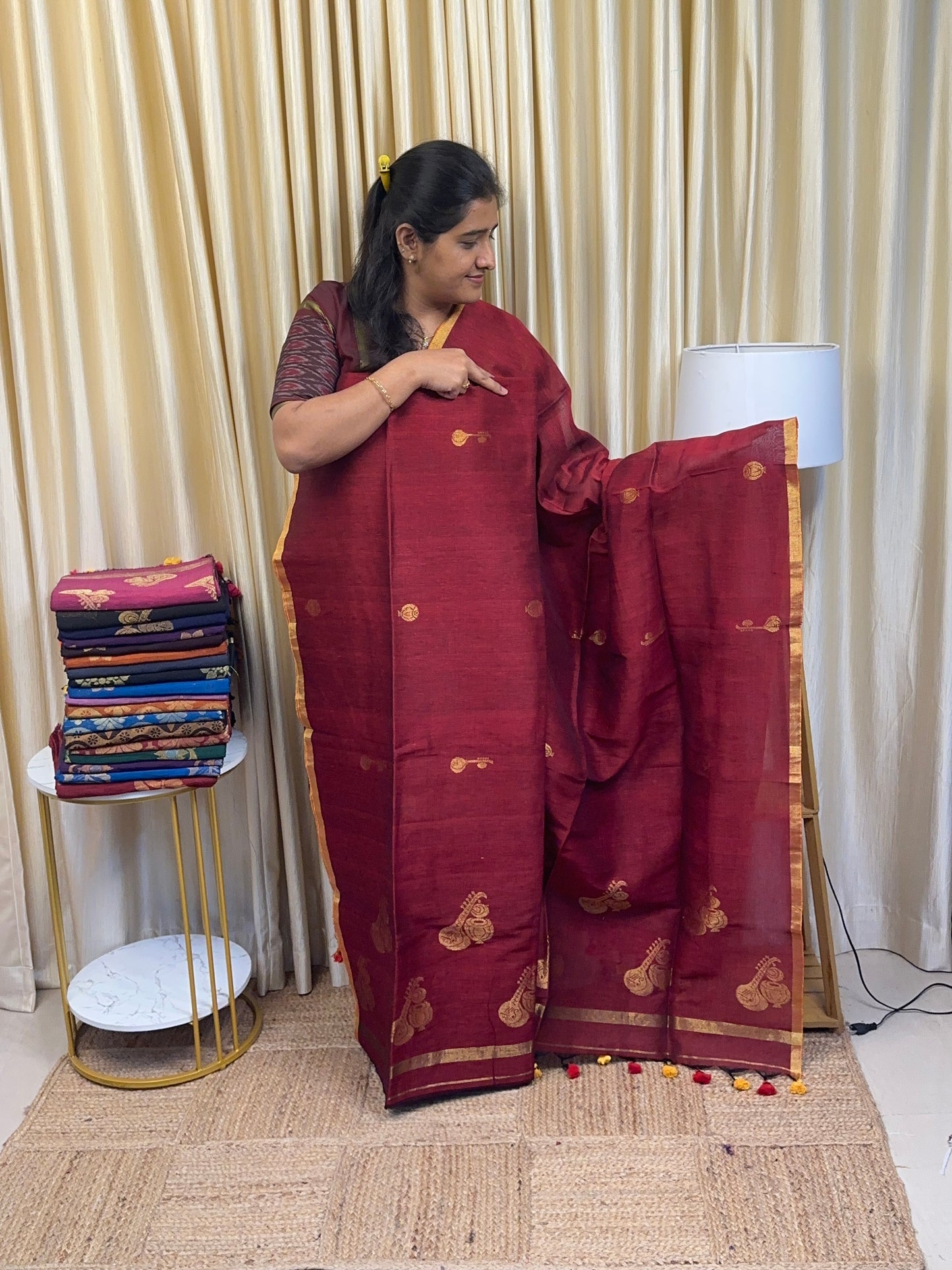 Veena linen Jamdhani handwork -Maroon