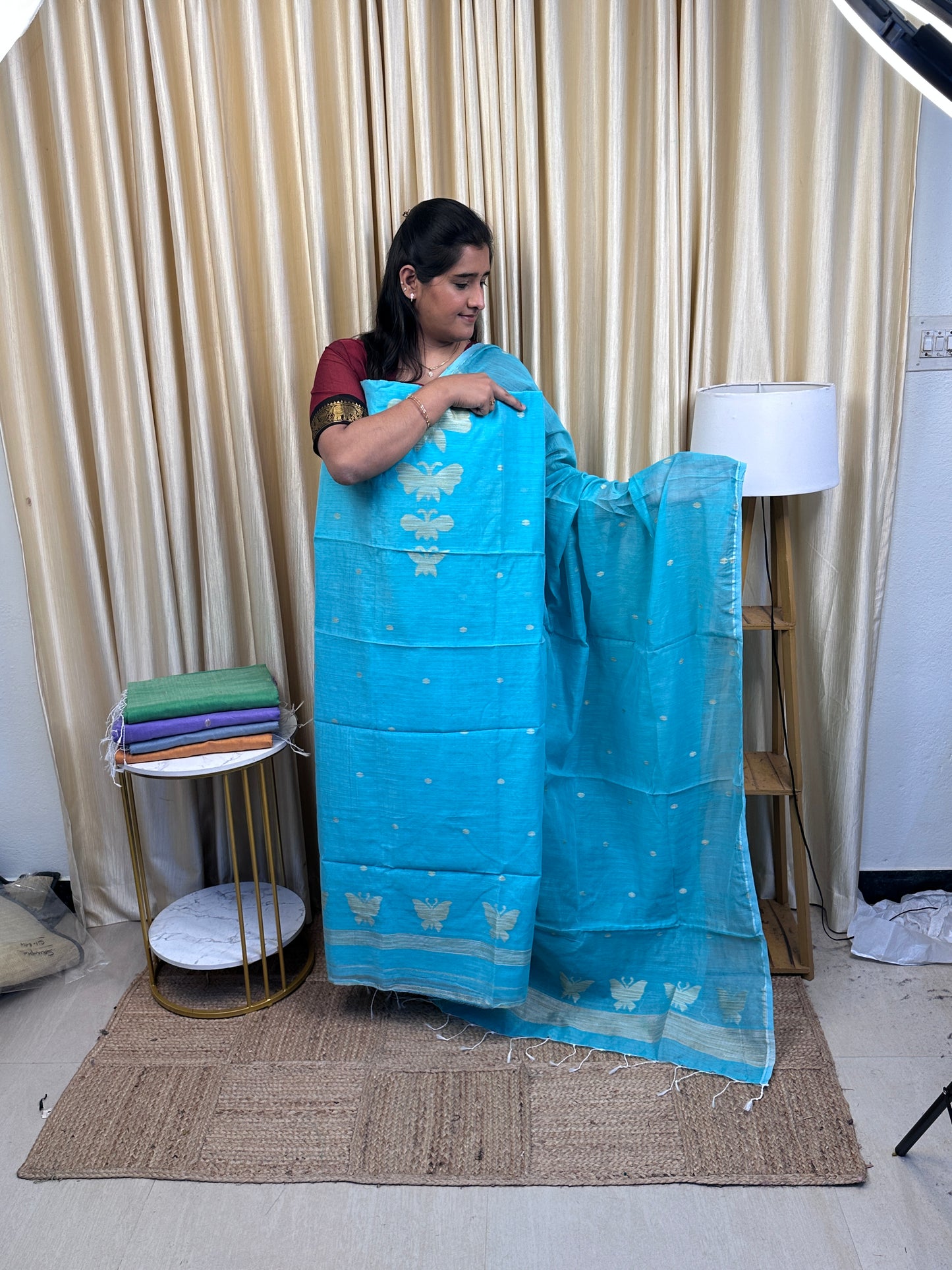 Kadhi cotton 2 piece dress material (Butterfly)- Blue