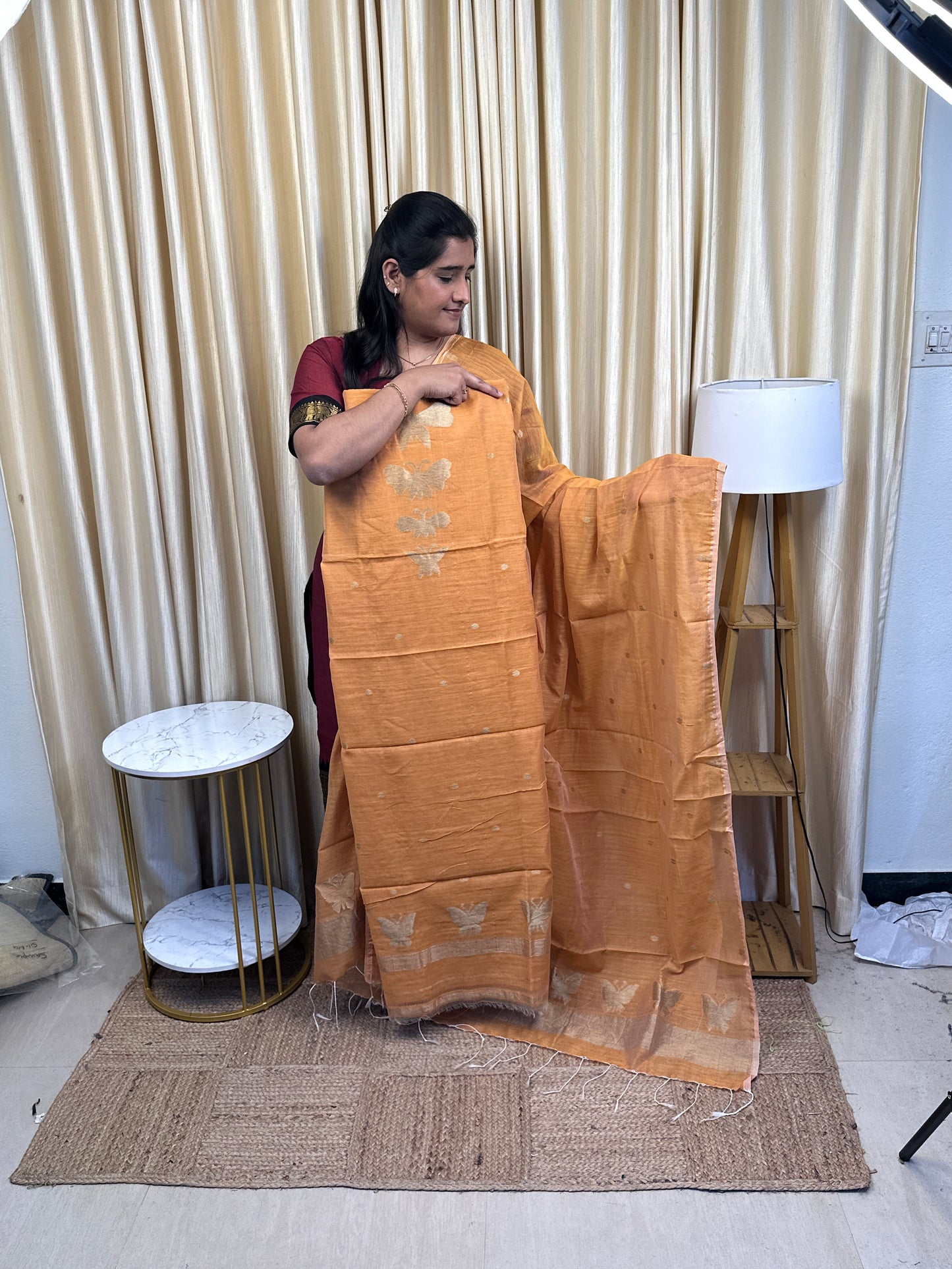 Kadhi cotton 2 piece dress material (Butterfly)- Orange