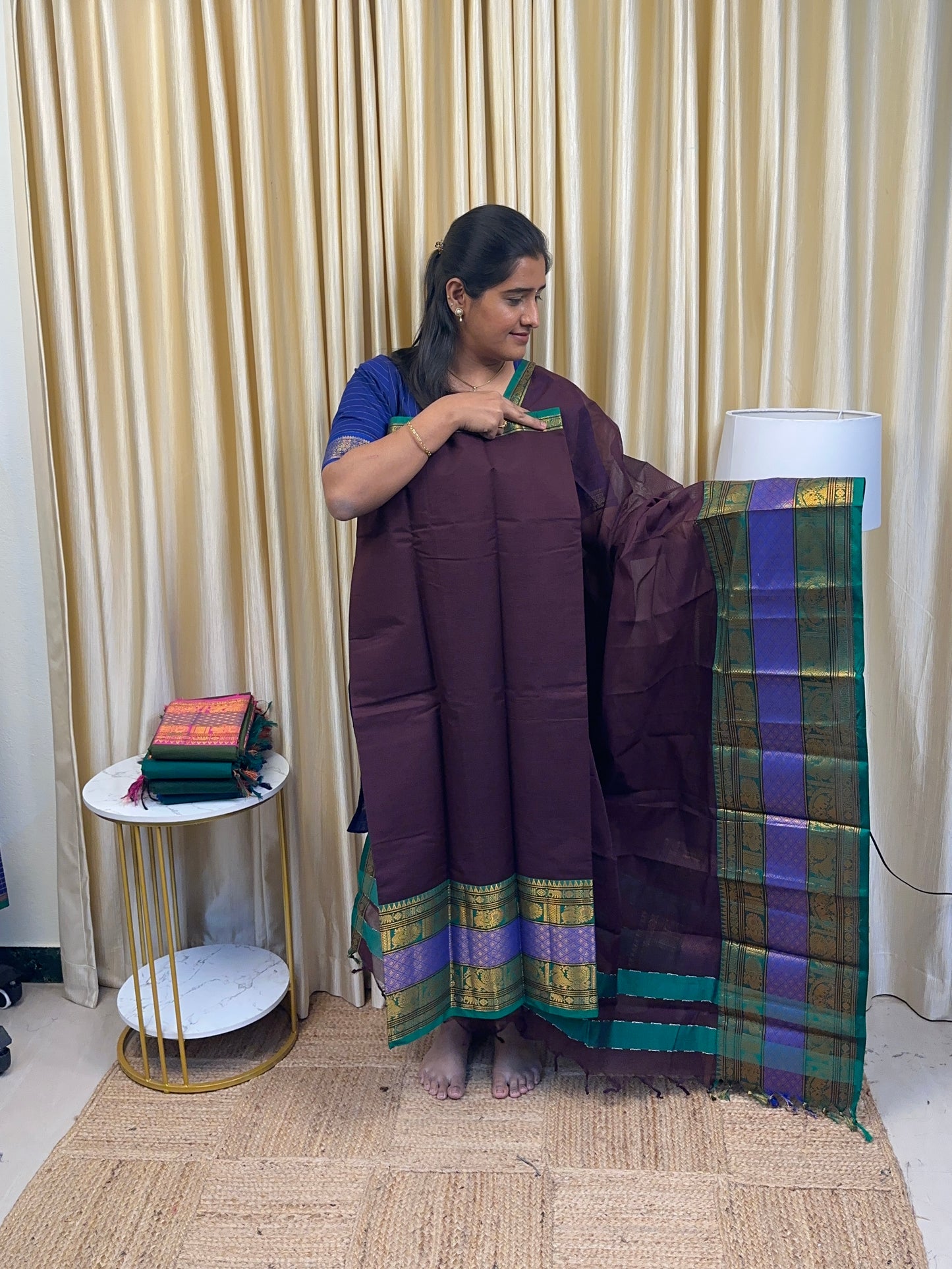 Fusion kanchi cotton bigborder-Roasted plum and green