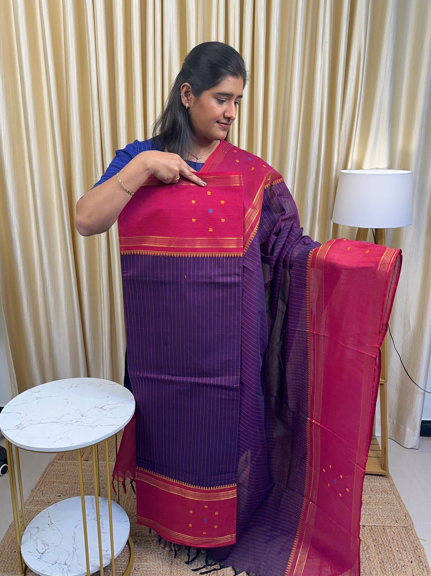 Deep purple and pink stripes Chettinad cotton (with butta)