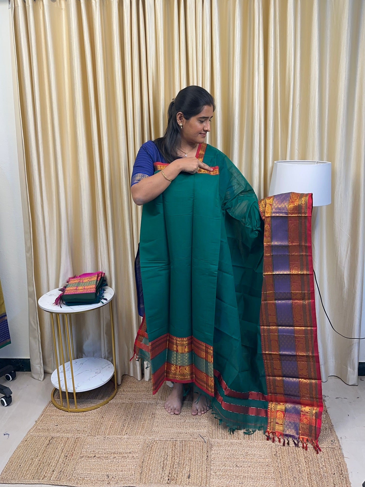 Fusion kanchi cotton bigborder- Dual Green with Maroon