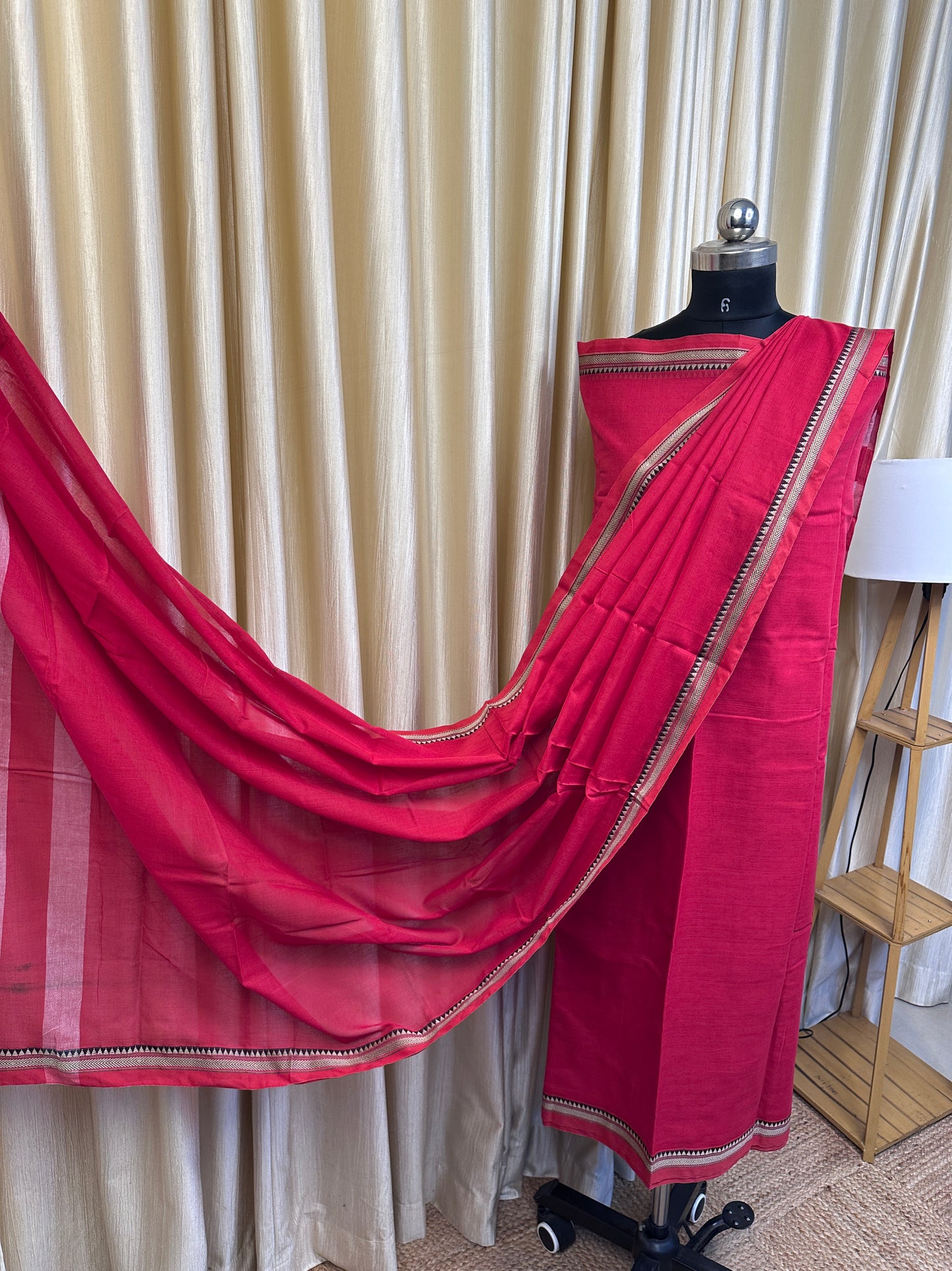 Narayanpet small border Dress material (4.5m Top) Red -Nila 12