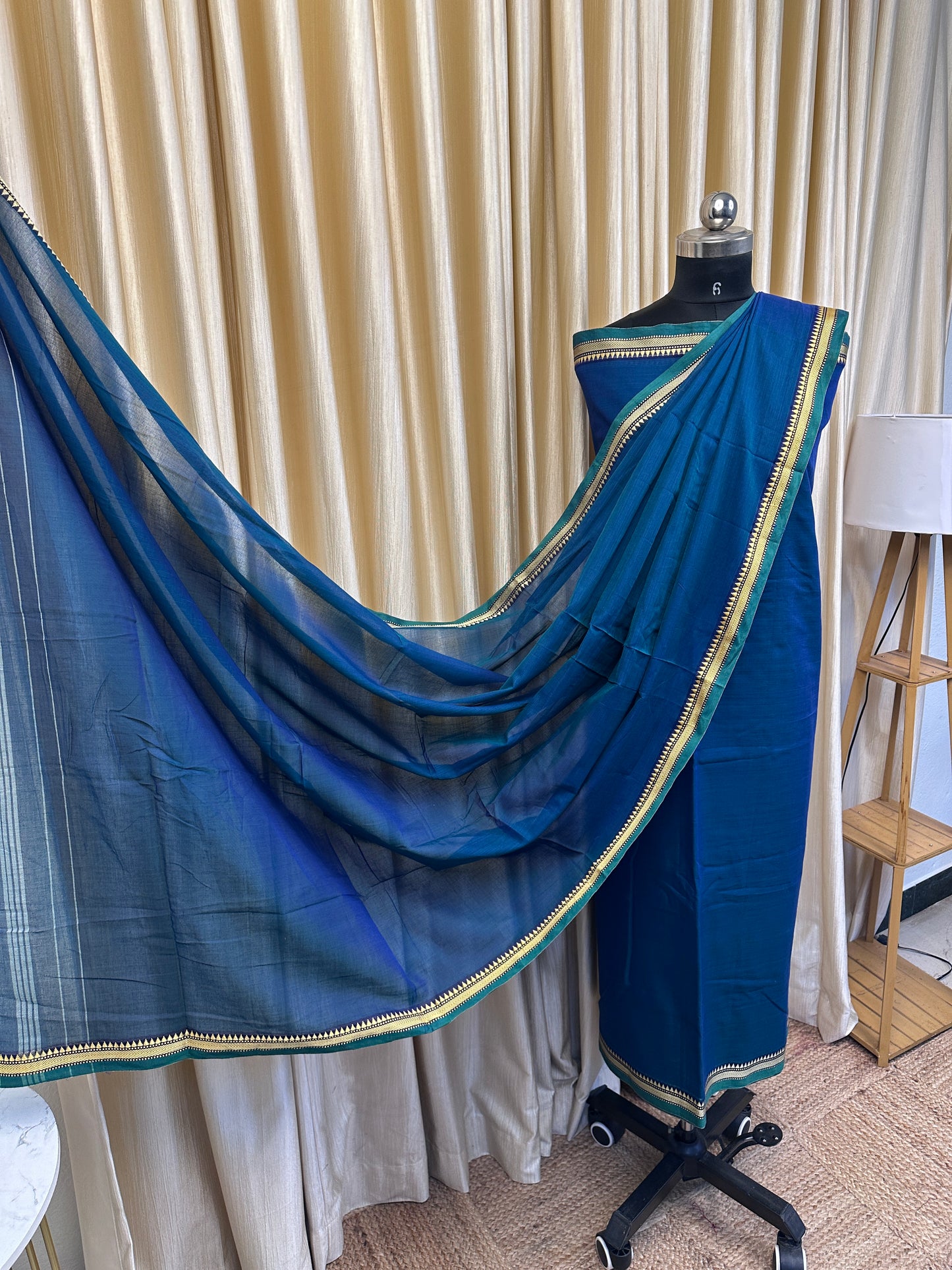 Narayanpet small border Dress material teal blue (4.5m Top)-Nila 7