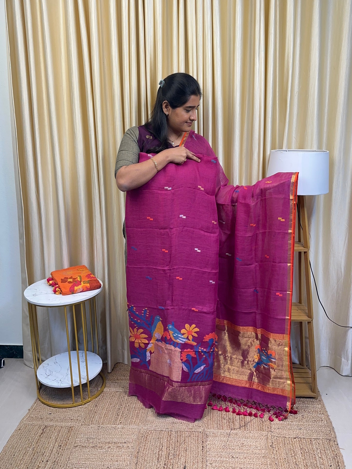 Heavy Linen Paithani Jamdhani-Magenta