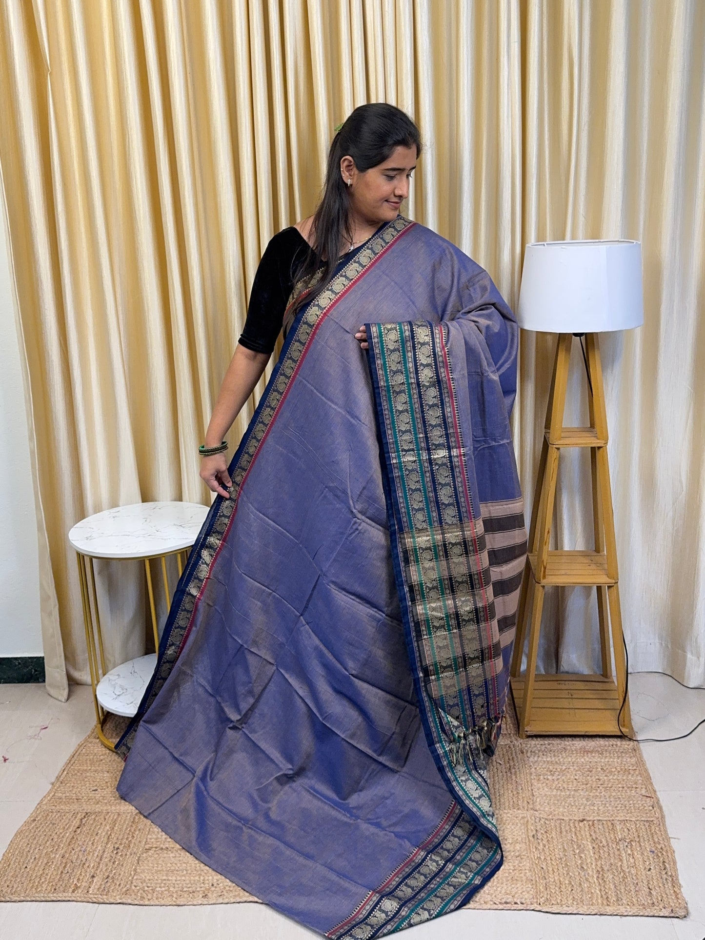 Narayanpet peacock border saree with running blouse - dual lavender