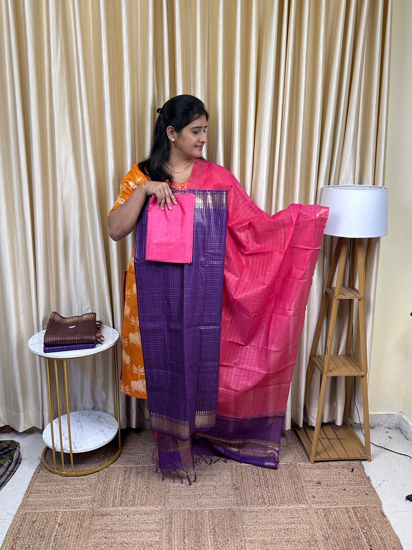 Mangalgiri Mini check silk cotton 3 piece set -MCH9