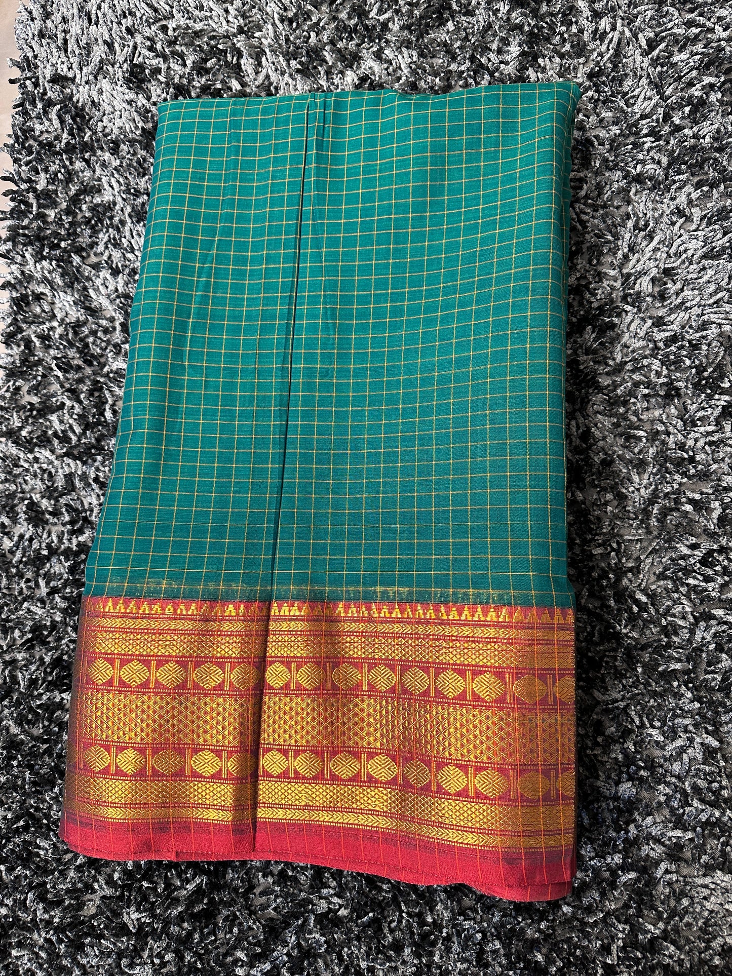 Narayanpet Royal border checks fabric 1 meter cut - Peacock green