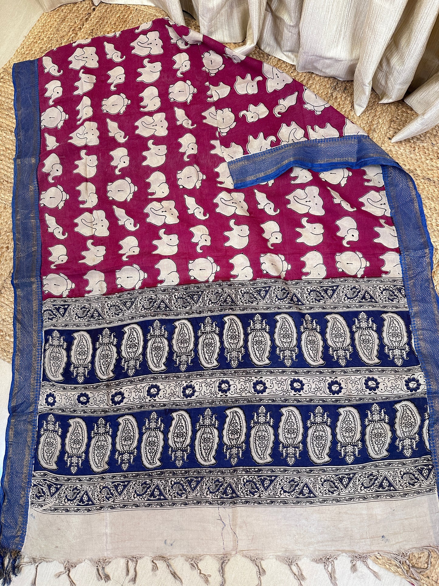 Chennuri silk Kalamkari duppata Elephant -Pink