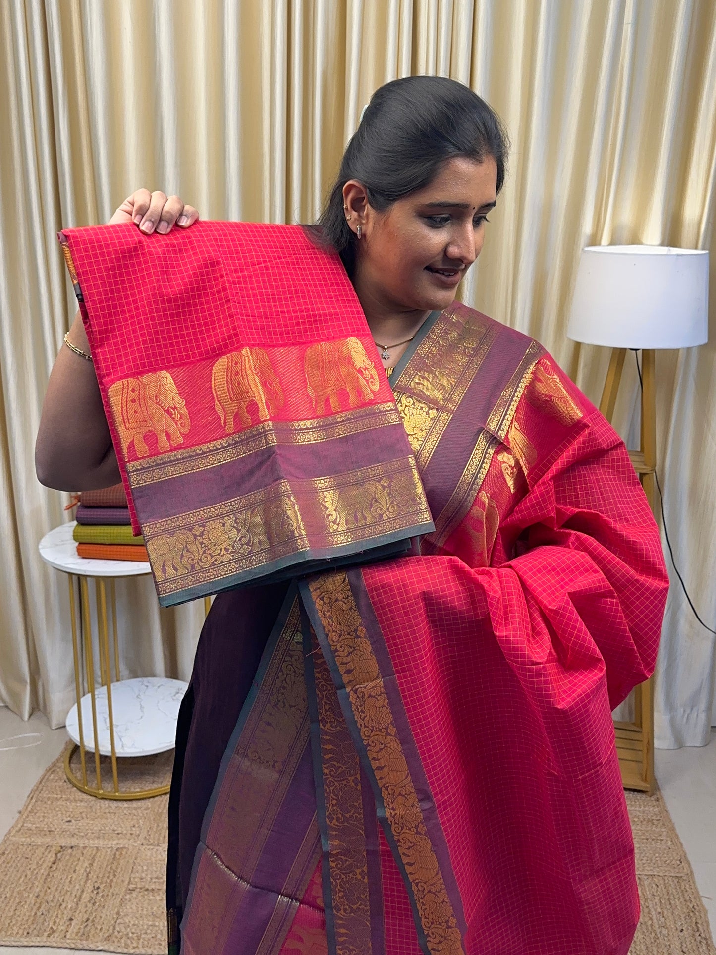 Pink elephant checks Chettinad cotton