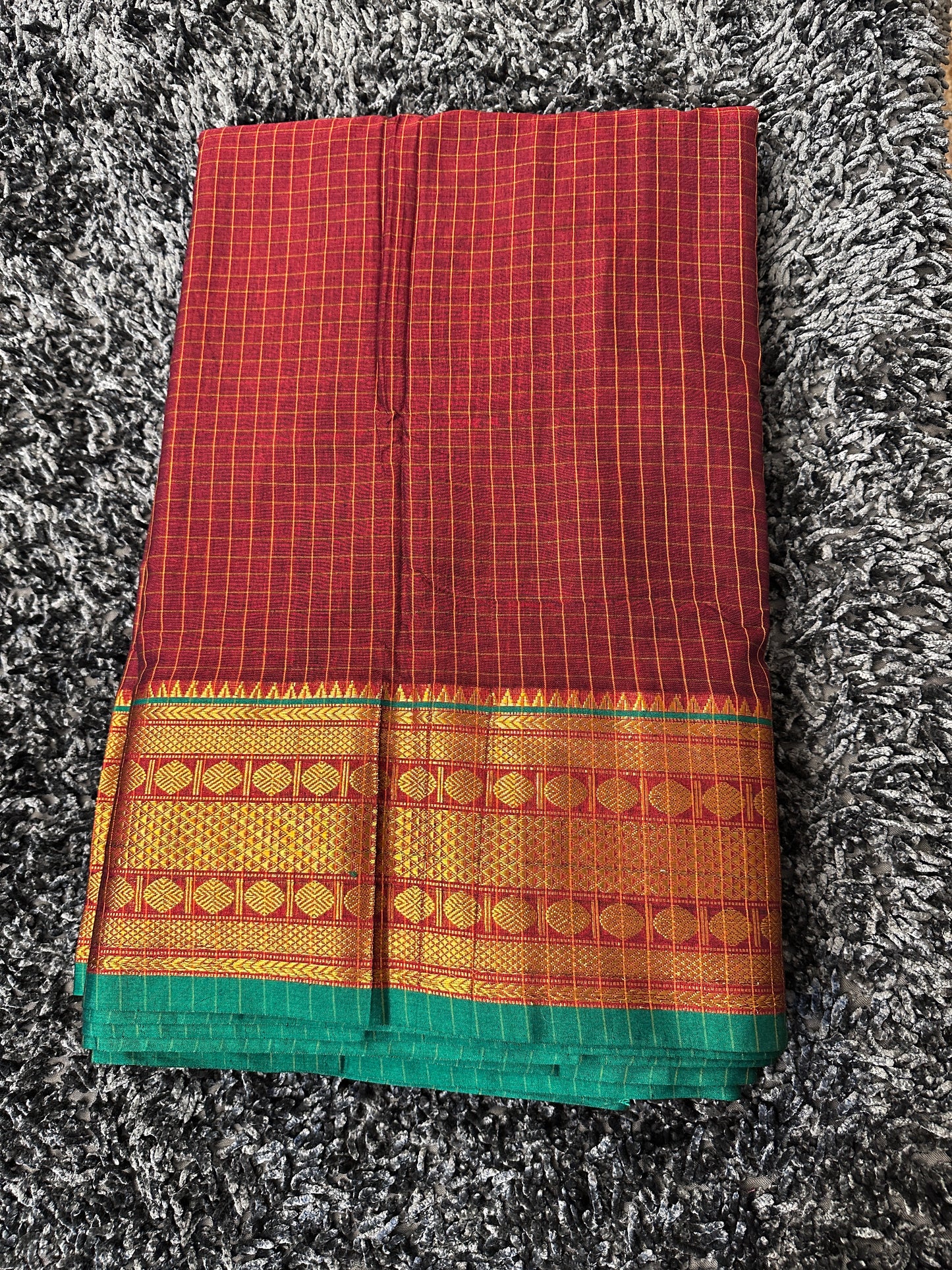 Narayanpet Royal border checks fabric 1 meter cut - Maroon