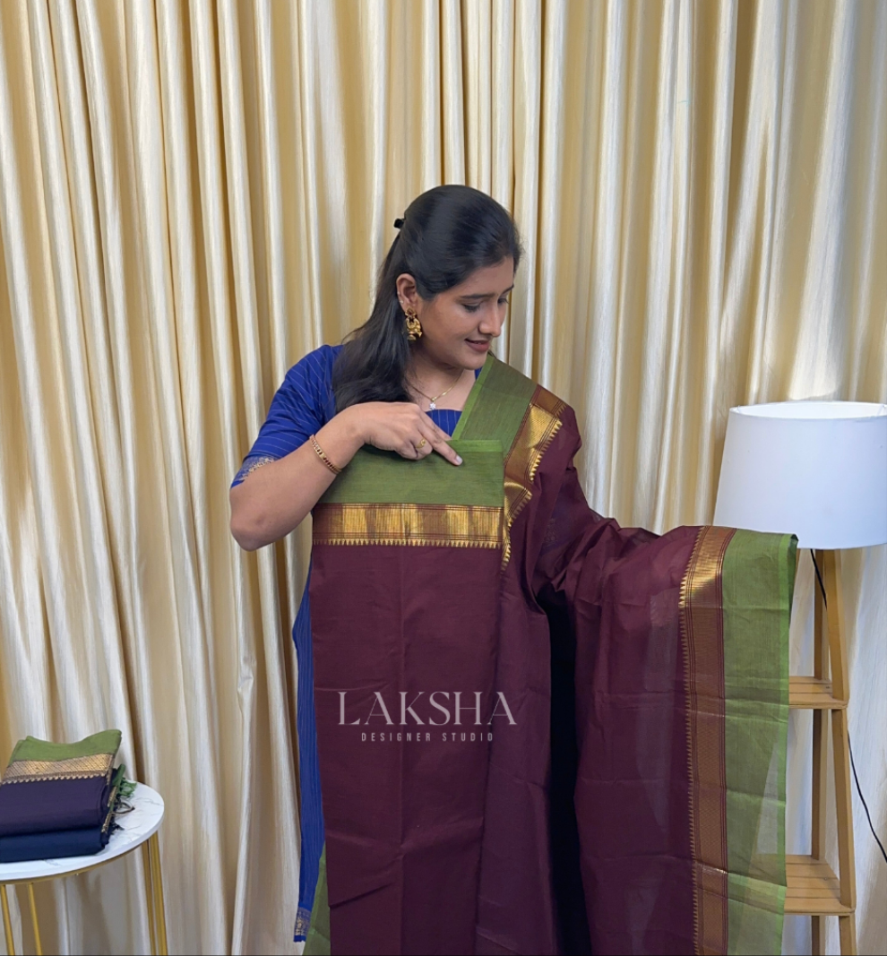 Coffee brown and green Chettinad unstitched suit