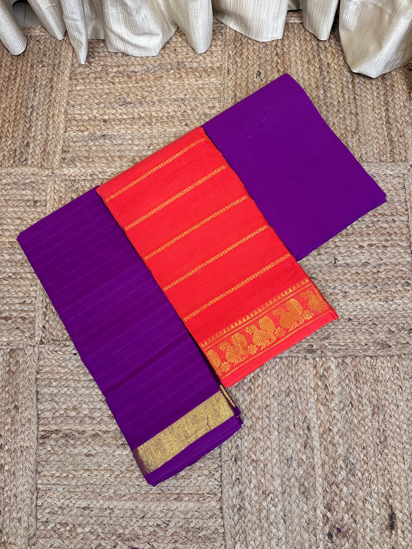 Madurai Sungudi 3 piece set(Veldhari Blush with Magenta)-MS11