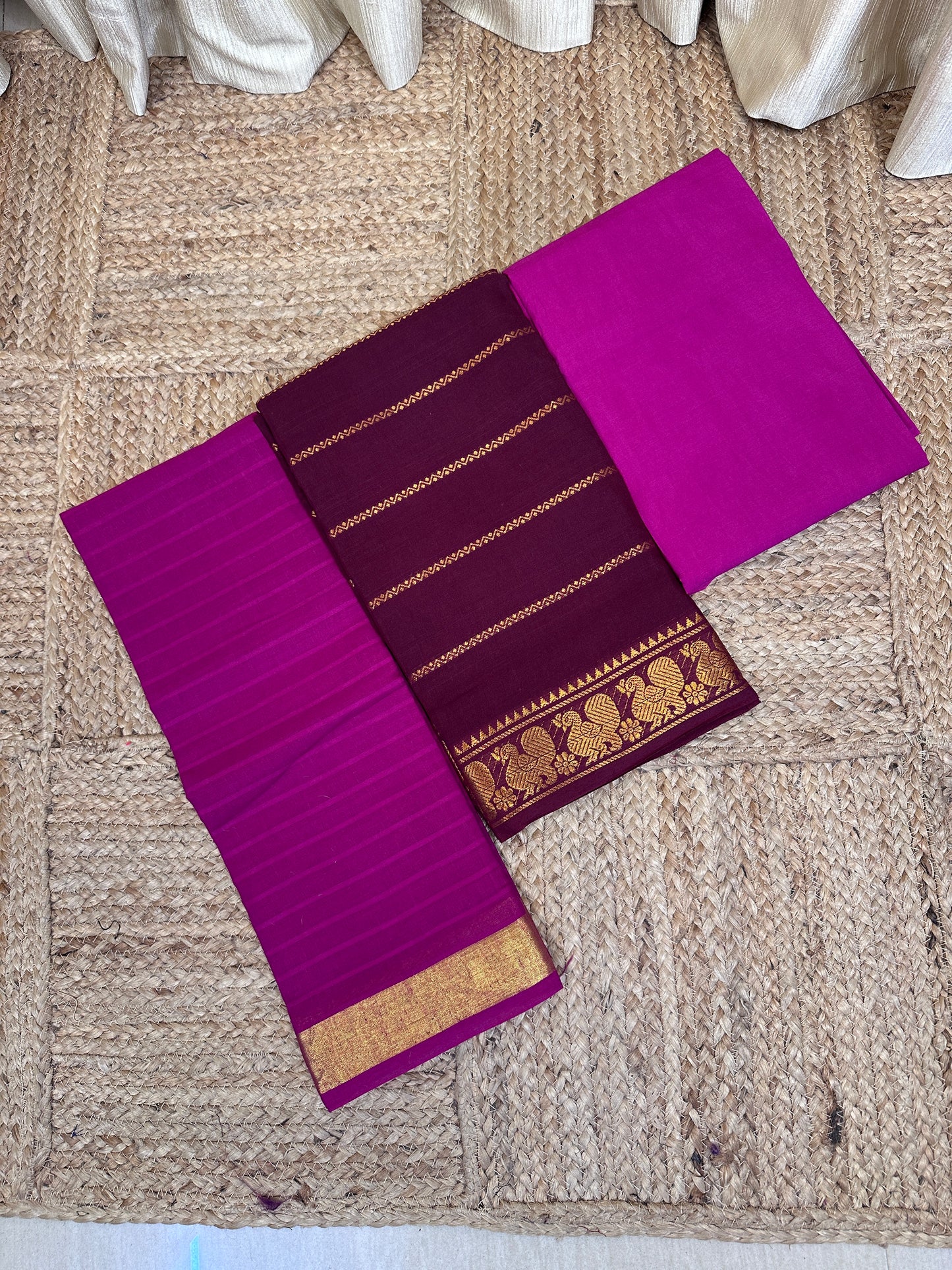 Madurai Sungudi 3 piece set(Veldhari Coffee brown with Pink)-MS4