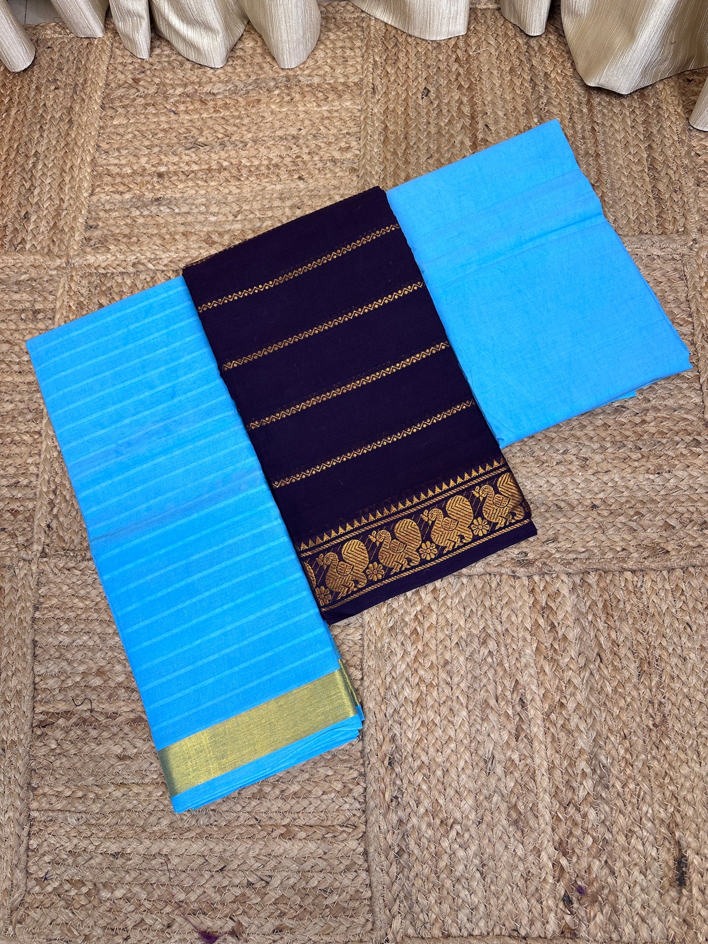 Madurai Sungudi 3 piece set(Veldhari Royal blue with sea blue)-MS10