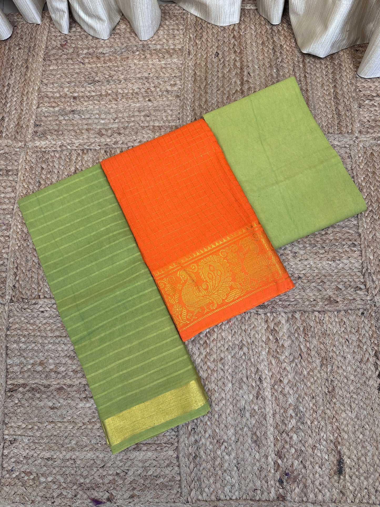 Madurai Sungudi 3 piece set(Zari kattam Orange with light Green)-MS2