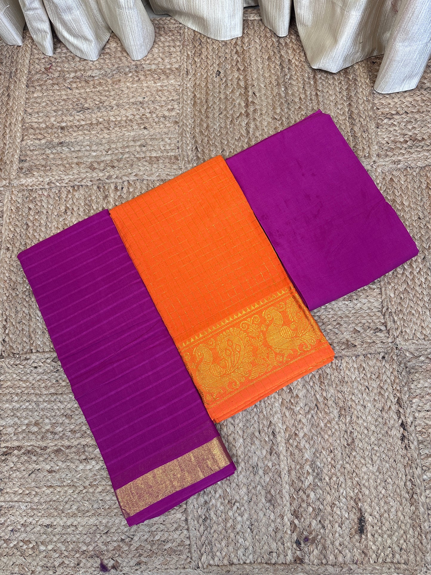 Madurai Sungudi 3 piece set(Zari kattam Orange with Rani pink)-MS9