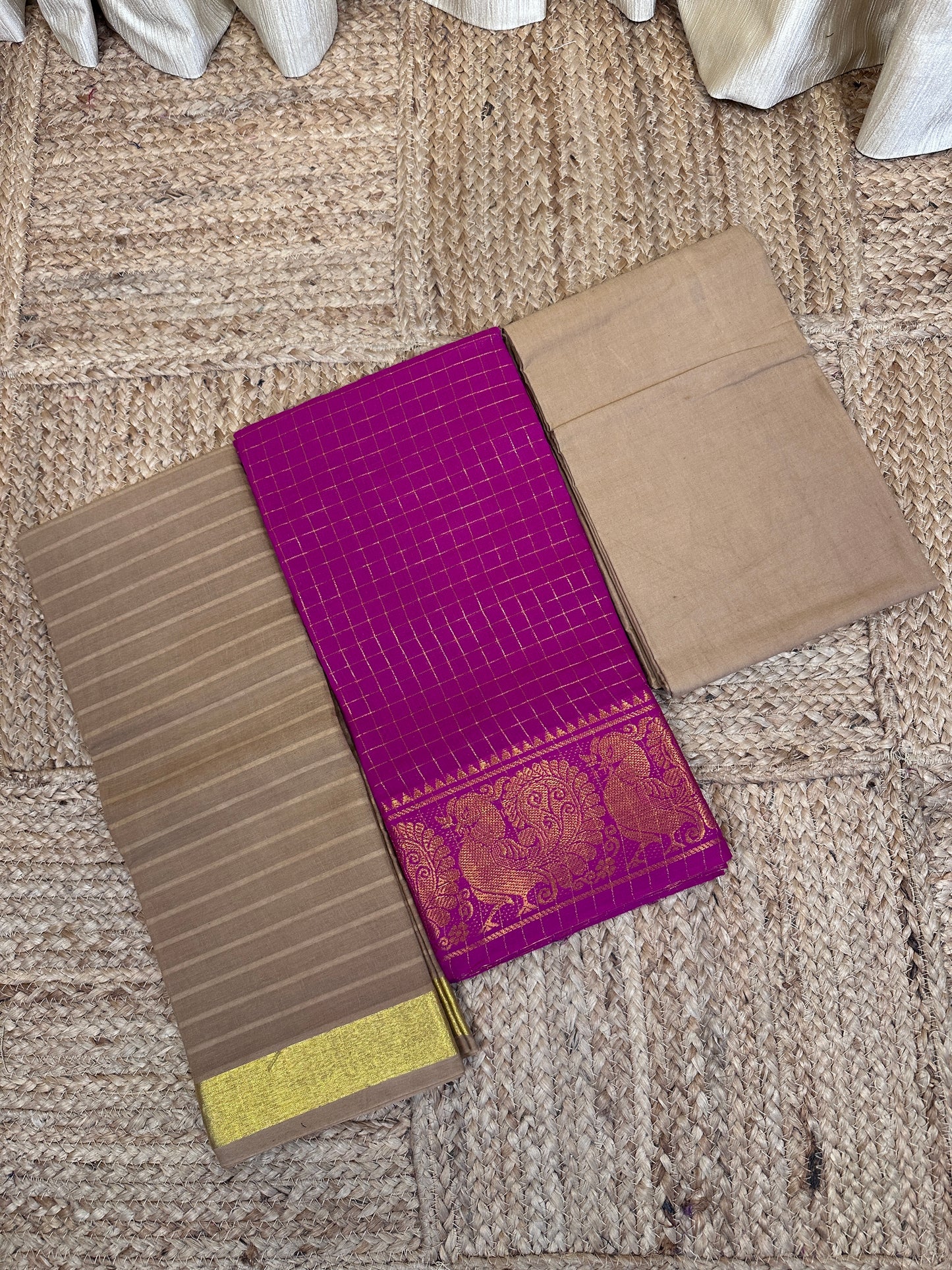 Madurai Sungudi 3 piece set(zari kattam Rani pink with Beige)-MS3