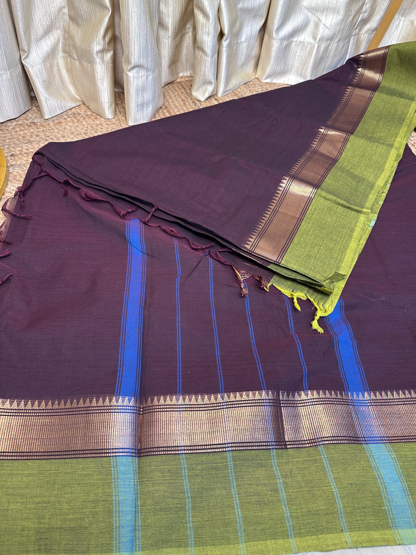 Coffee brown and green Chettinad cotton saree with running blouse