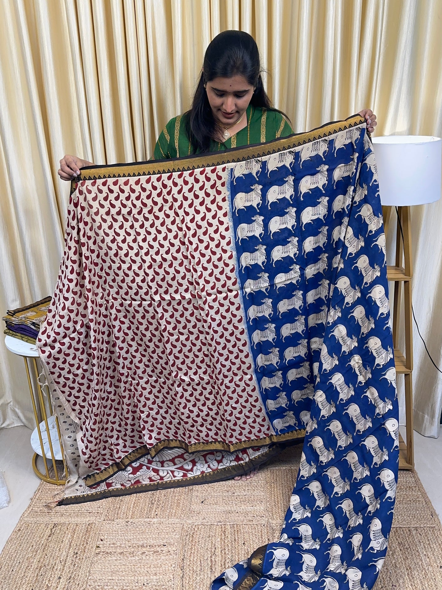 Nandhi Nizam Border Kalamkari Saree-Blue