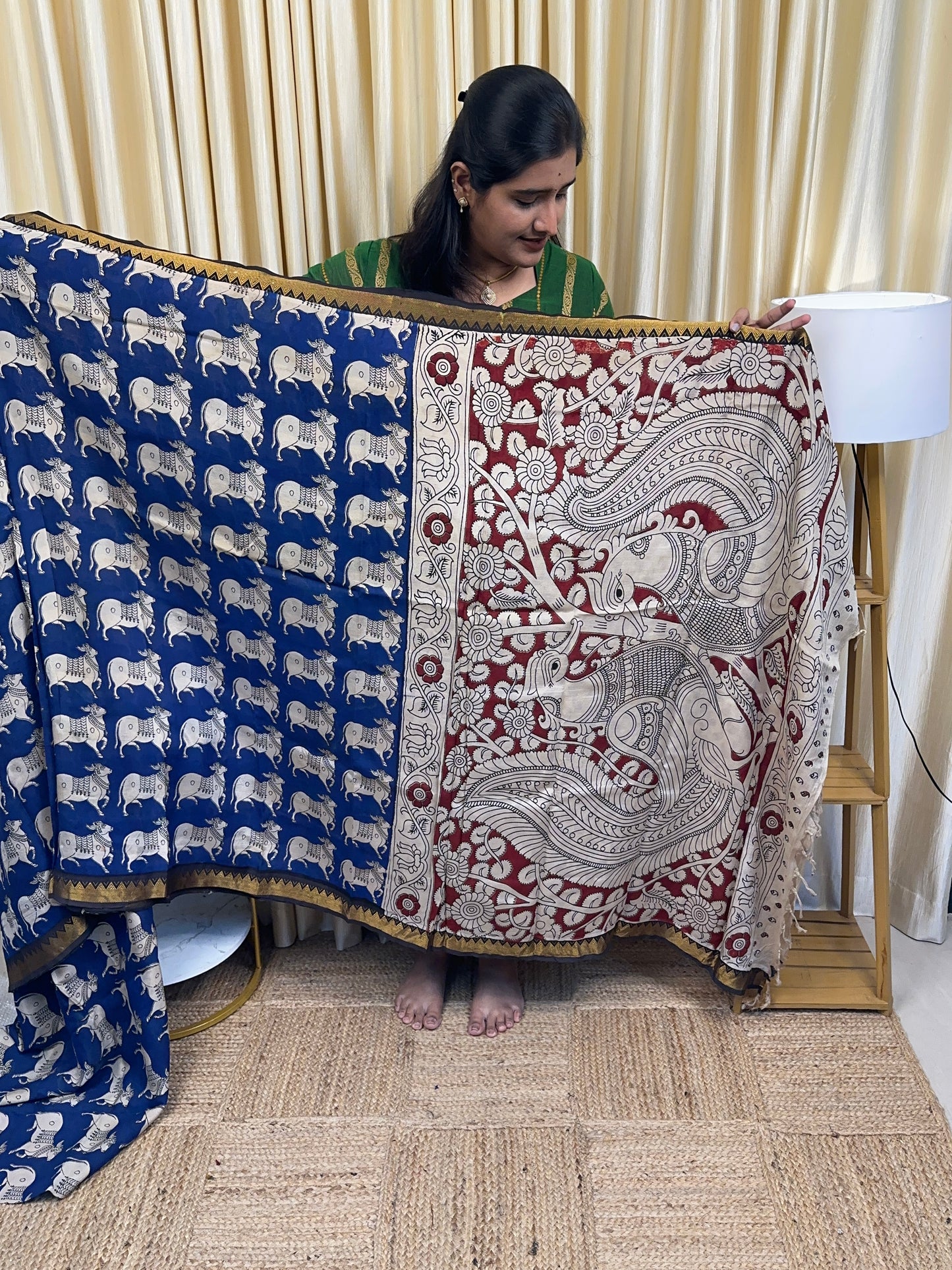 Nandhi Nizam Border Kalamkari Saree-Blue