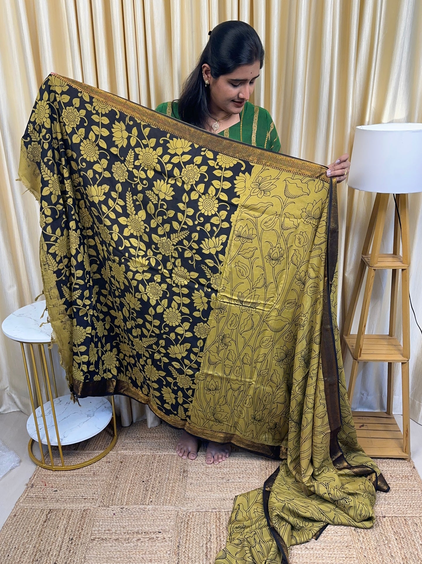 Olive Green Nizam Border Kalamkari Saree