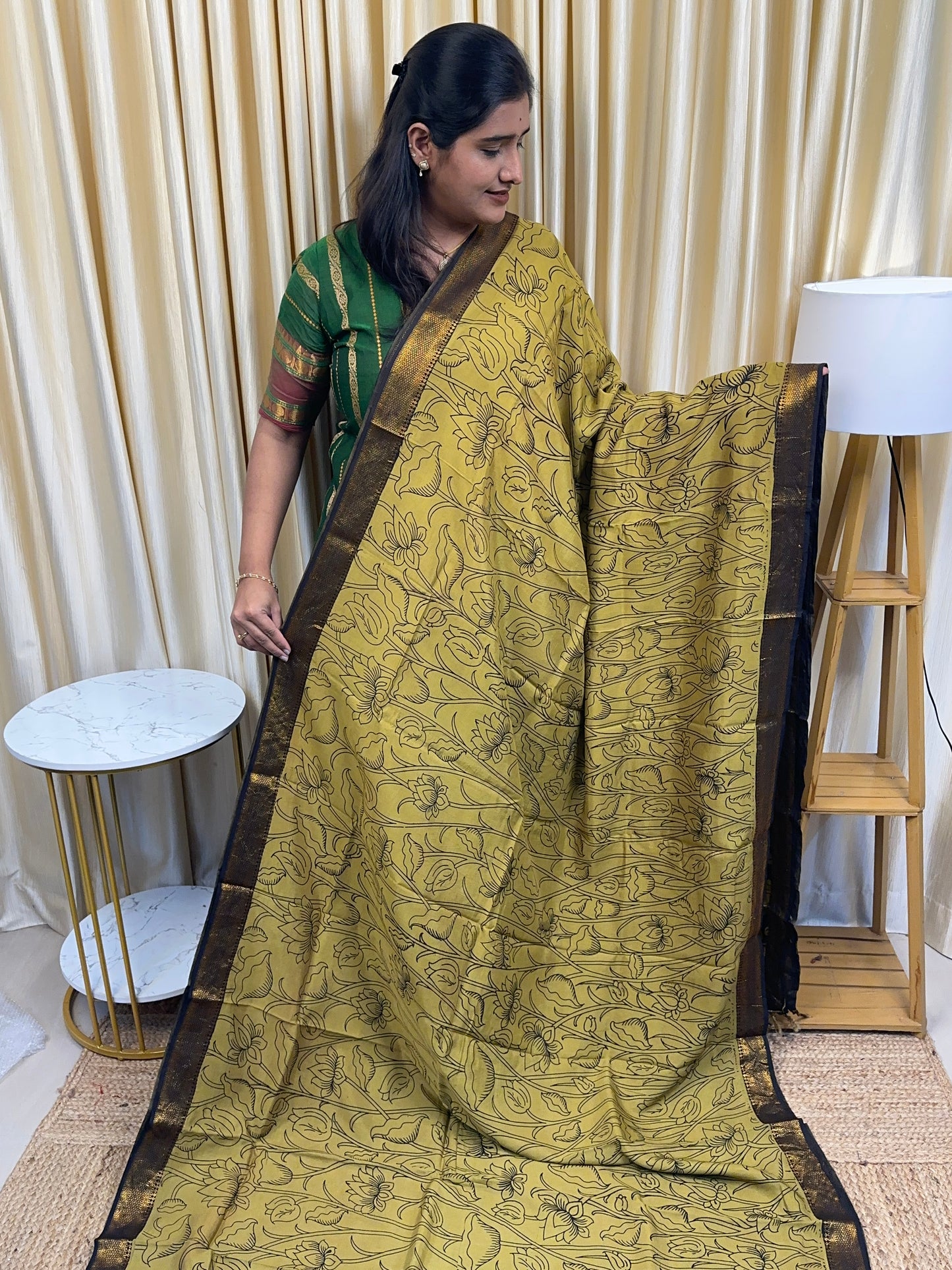 Olive Green Nizam Border Kalamkari Saree