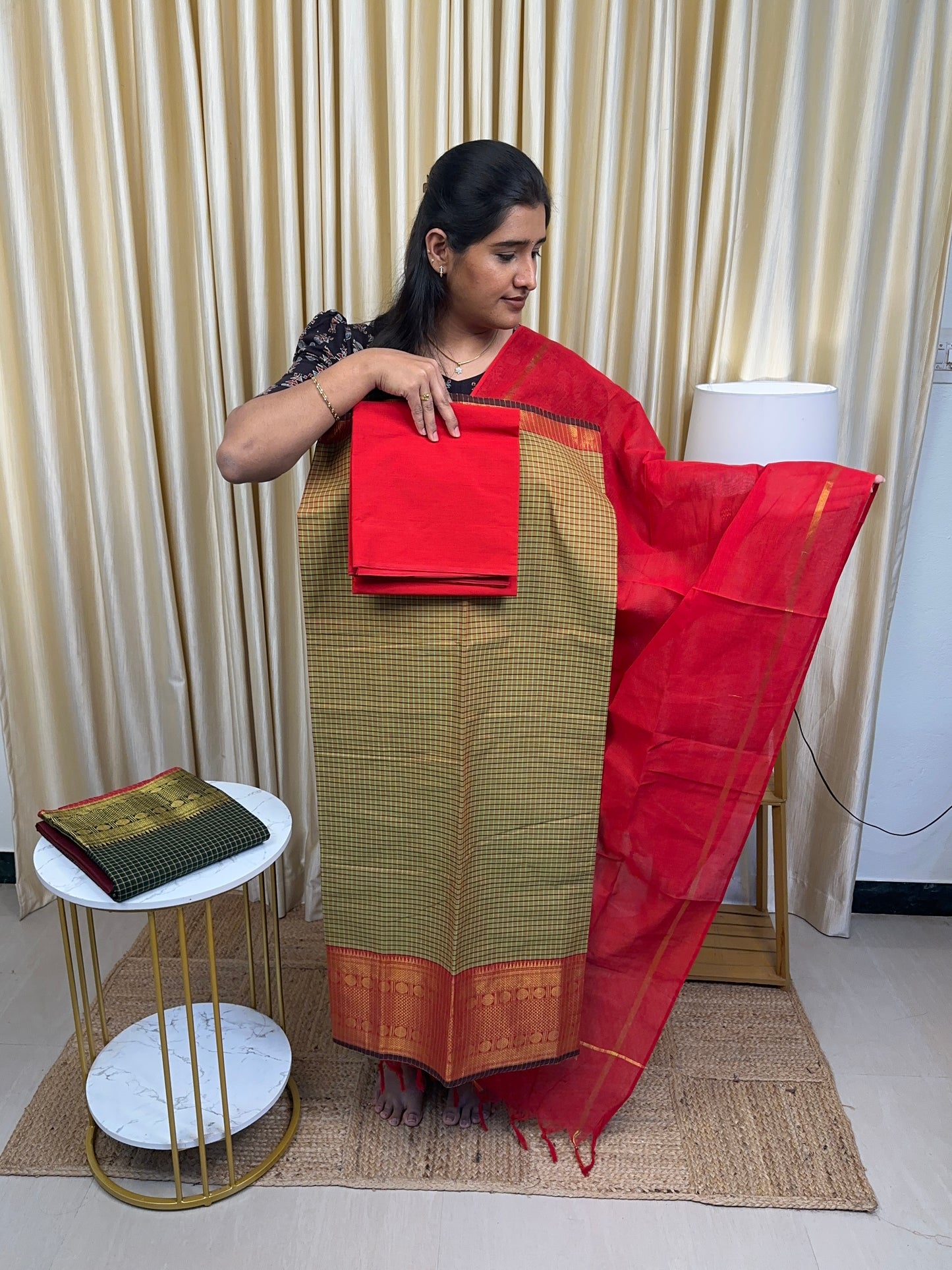 Light green checks kanchi cotton