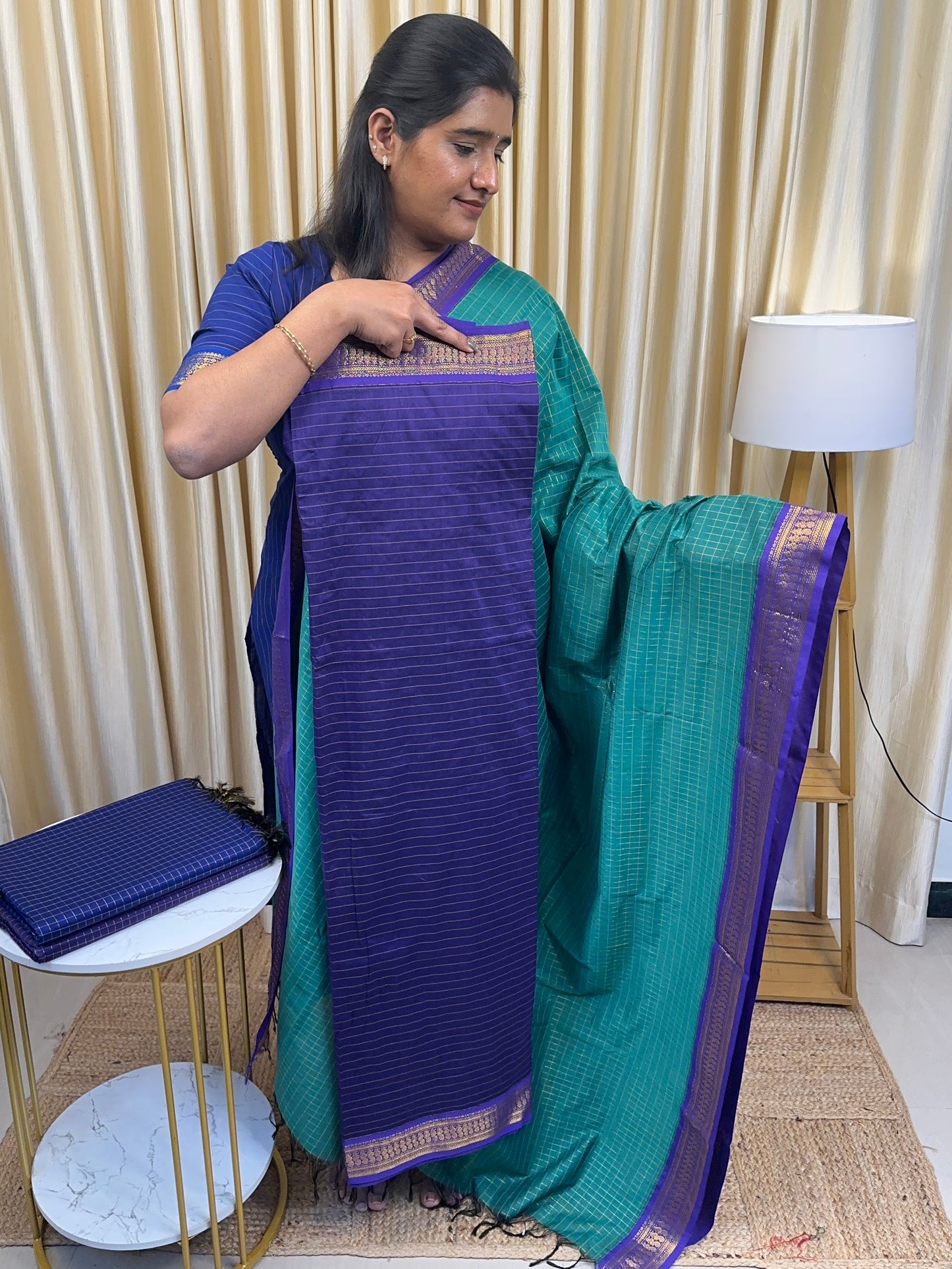 Violet and Rama blue -kalyani silk by cotton