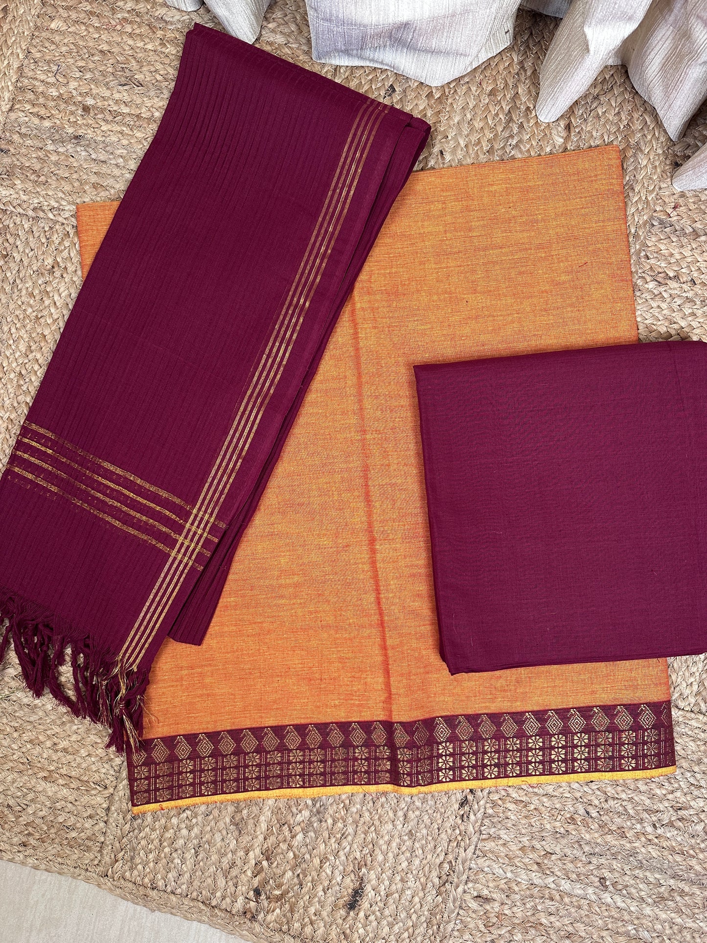 Mangalagiri 3 piece set-Orange and Maroon