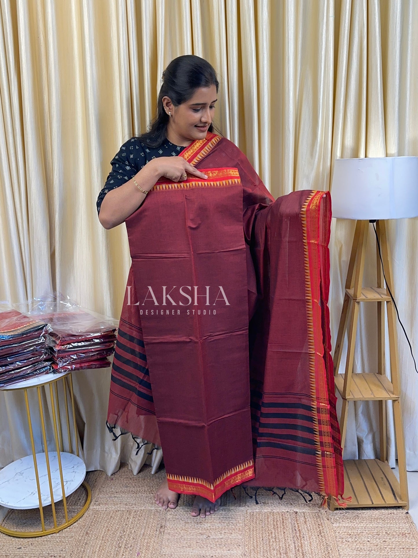 Small Border Kanchi Cotton -(Maroon and Red)