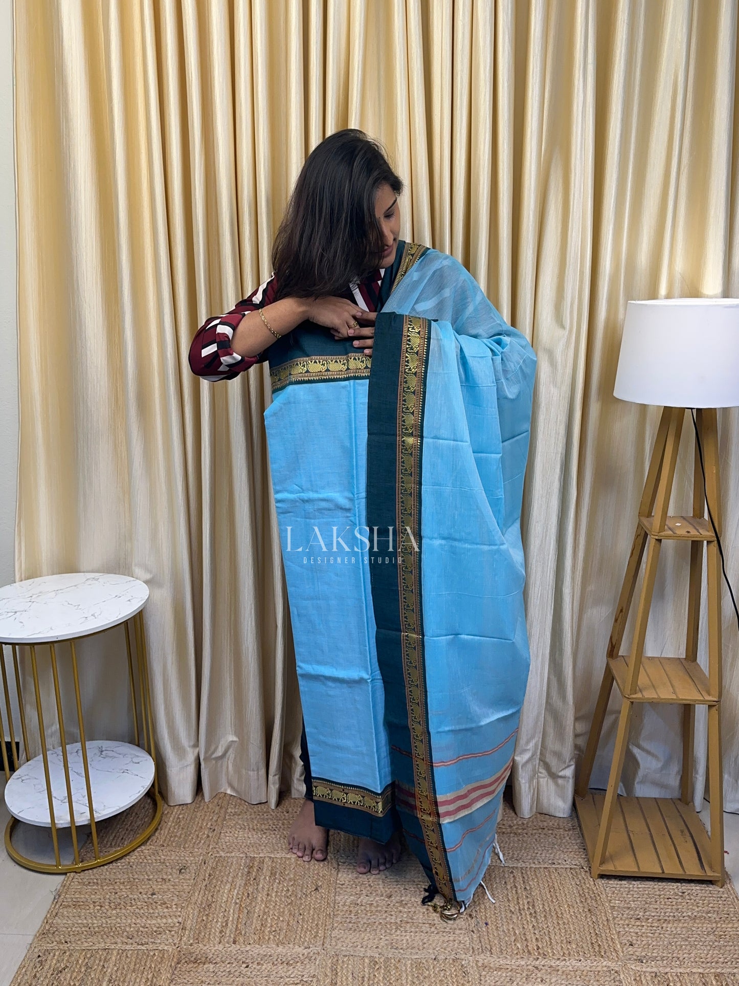 Narayanpet Elephant Border-Light blue and Darkblue