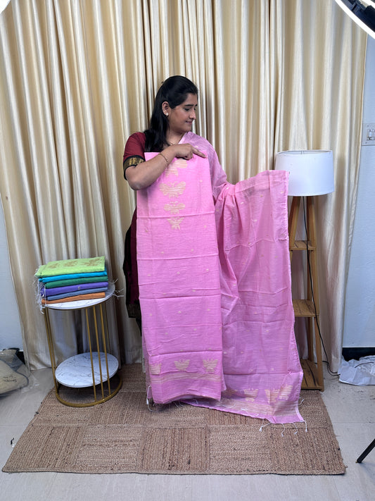 Kadhi cotton 2 piece dress material (Butterfly)- Pink