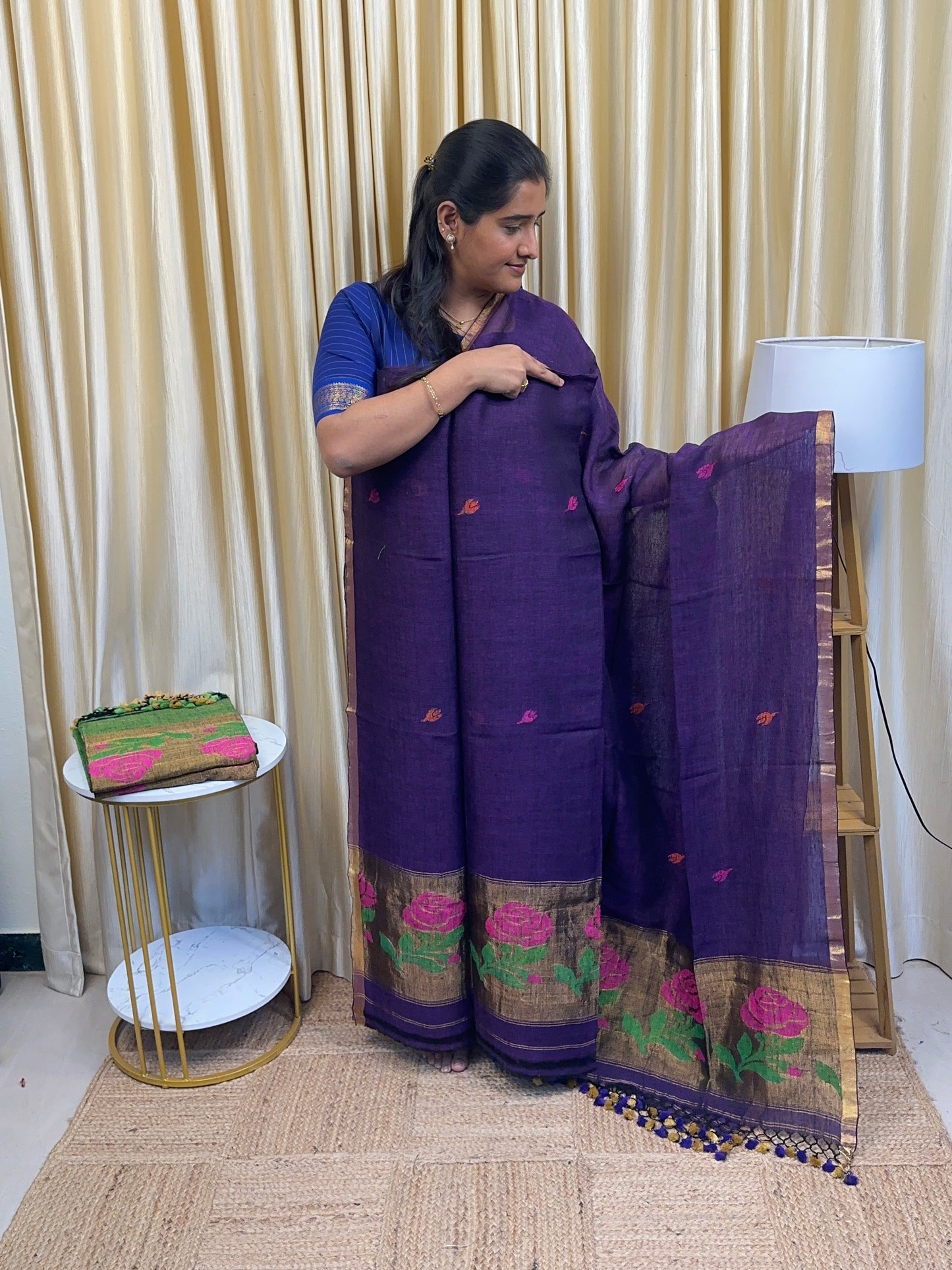 Linen Paithani Jamdhani Rose[Handwork]-violet