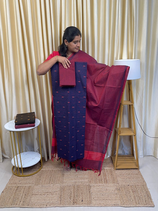 Blue burgundy handloom cotton 3 piece set