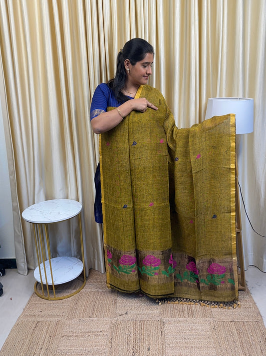 Linen Paithani Jamdhani Rose [Handwork]-olive green