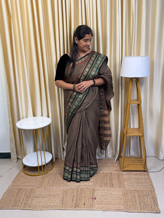 Narayanpet peacock border saree with running blouse - bronze black