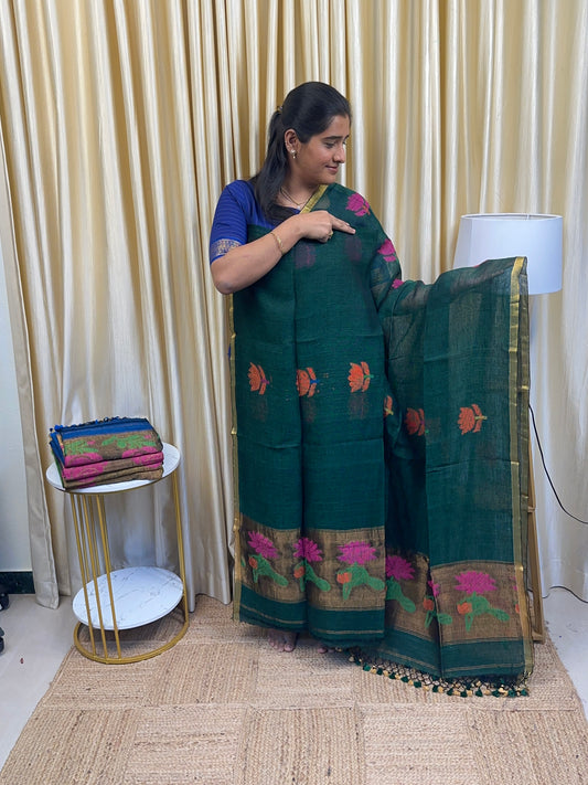 Linen Paithani Jamdhani Lotus [Handwork]-Emerald