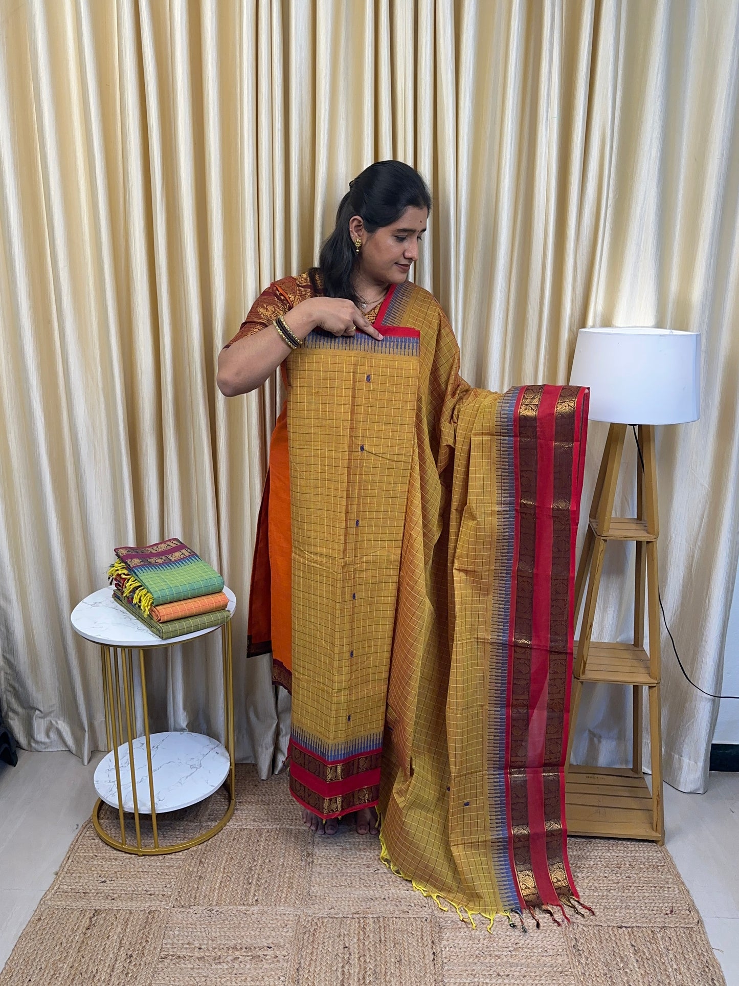 Mayil Kattam Chettinad cotton [mustard 2 piece set ]