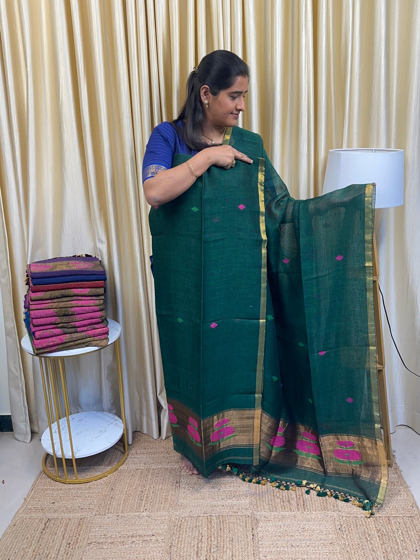 Linen Paithani Jamdhani Sunflower [Handwork]-Emerald