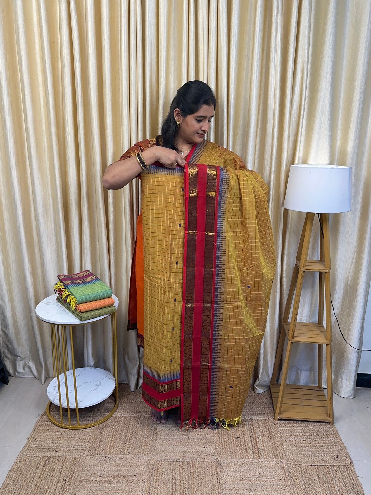 Mayil Kattam Chettinad cotton [mustard 2 piece set ]