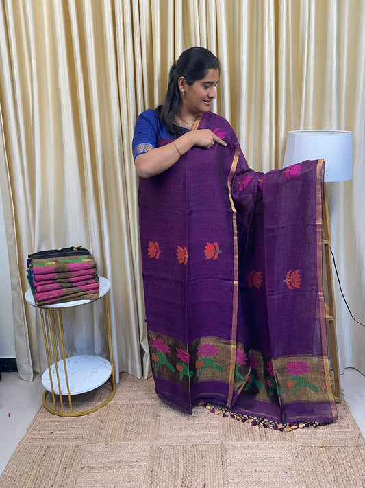 Linen Paithani Jamdhani Lotus [Handwork]-purple